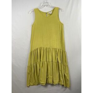 YIREH Tiered Midi Dress Womens Small Chartreuse Yellow Rayon Sleeveless Pockets